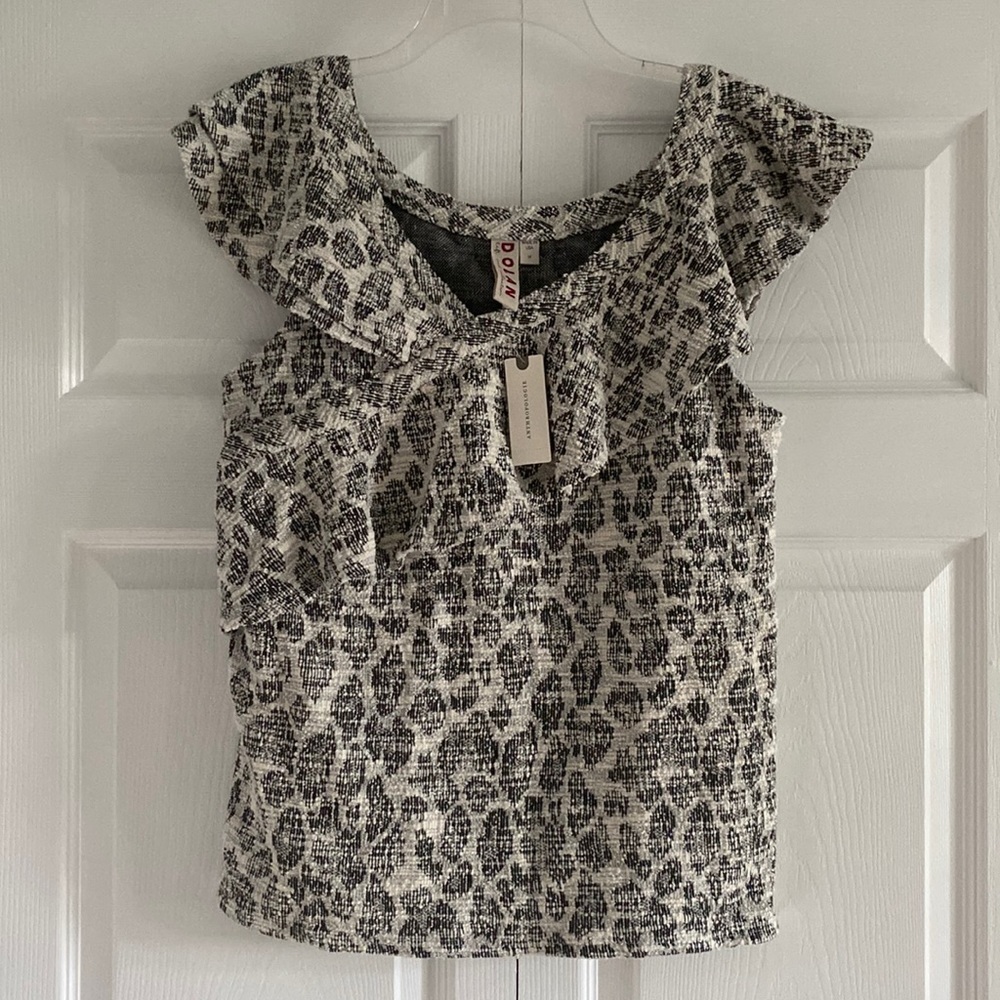 NWT Dolan Anthropologie Asymmetrical Black & White Tweed Ruffle Top-Size Medium - Picture 5 of 14